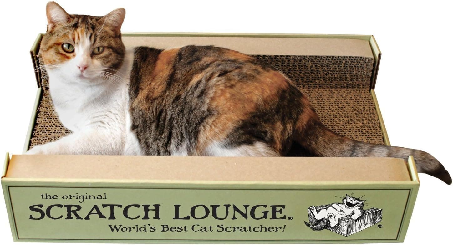 The Original Scratch Lounge cardboard cat scratcher with a cat lying inside