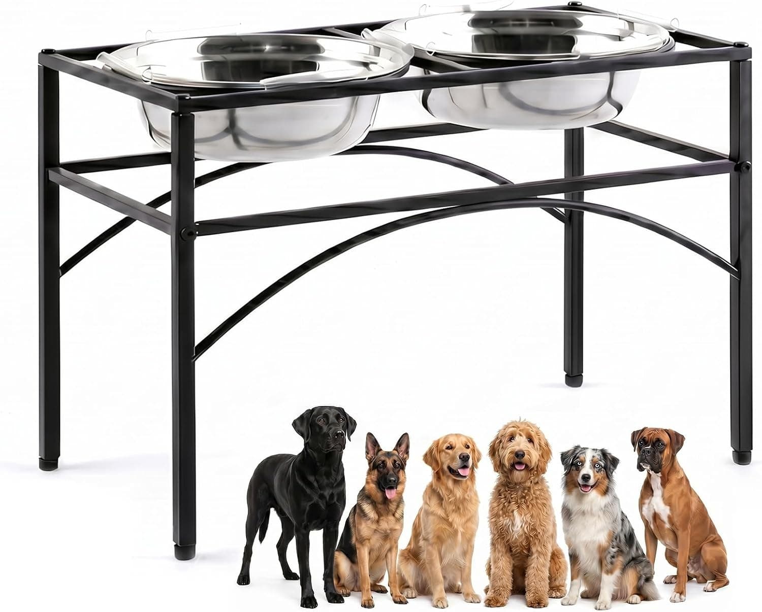 FUNKEEN elevated double dog bowl stand with two stainless steel bowls