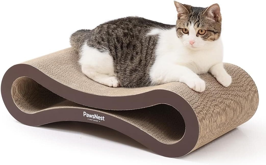 PawsNest infinity cardboard cat scratch lounge with a cat lying on top
