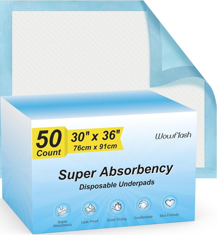 Wowflash 50 Count 30” x 36” Super Absorbency Disposable Underpads product photo